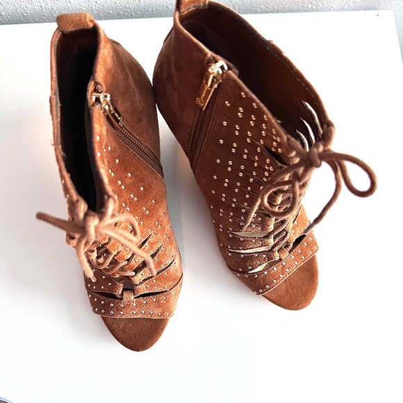 JESSICA SIMPSON | Barlette Brown Studded Open Toe Lace Up Wedge Bootie | Brown - Picture 2 of 10
